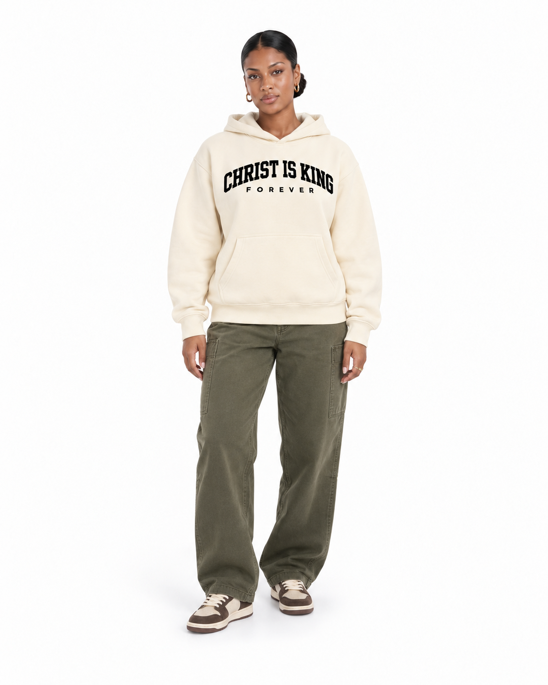 Chief Of Sinners Essential Oversized Boxy Fit Fleece Hoodie — Apricot hoodie, female front outfit