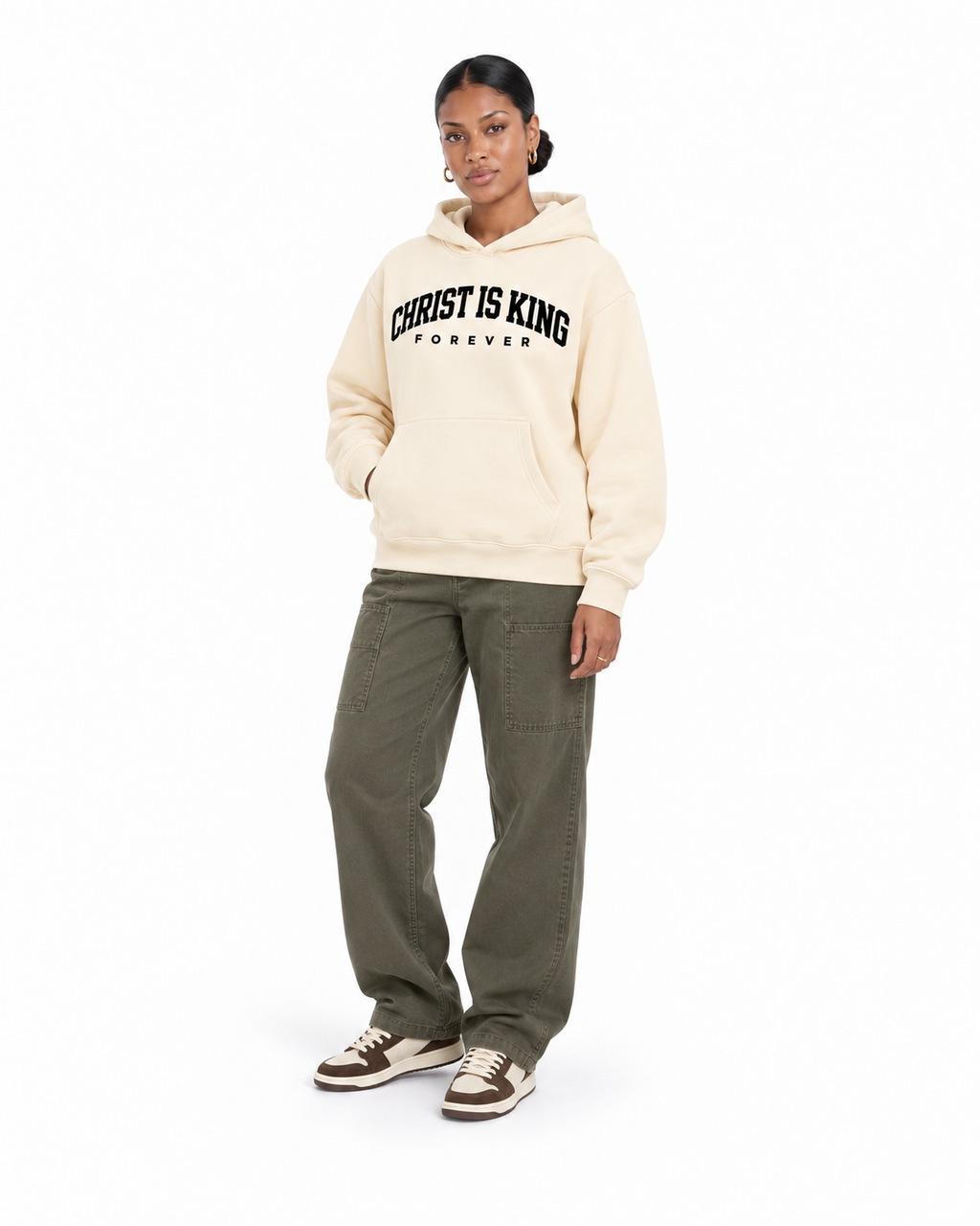 Chief Of Sinners Essential Oversized Boxy Fit Fleece Hoodie — Apricot hoodie, female three-quarter outfit