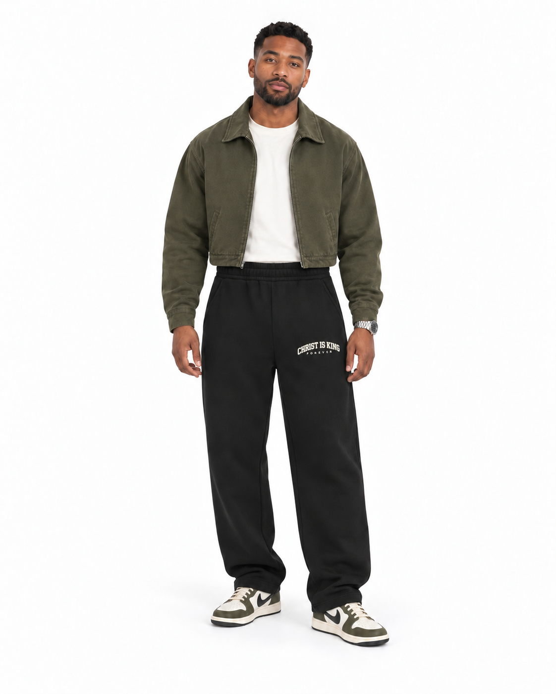 Chief Of Sinners Essential Oversized Boxy Fit Fleece Hoodie — Black bottoms, male front outfit
