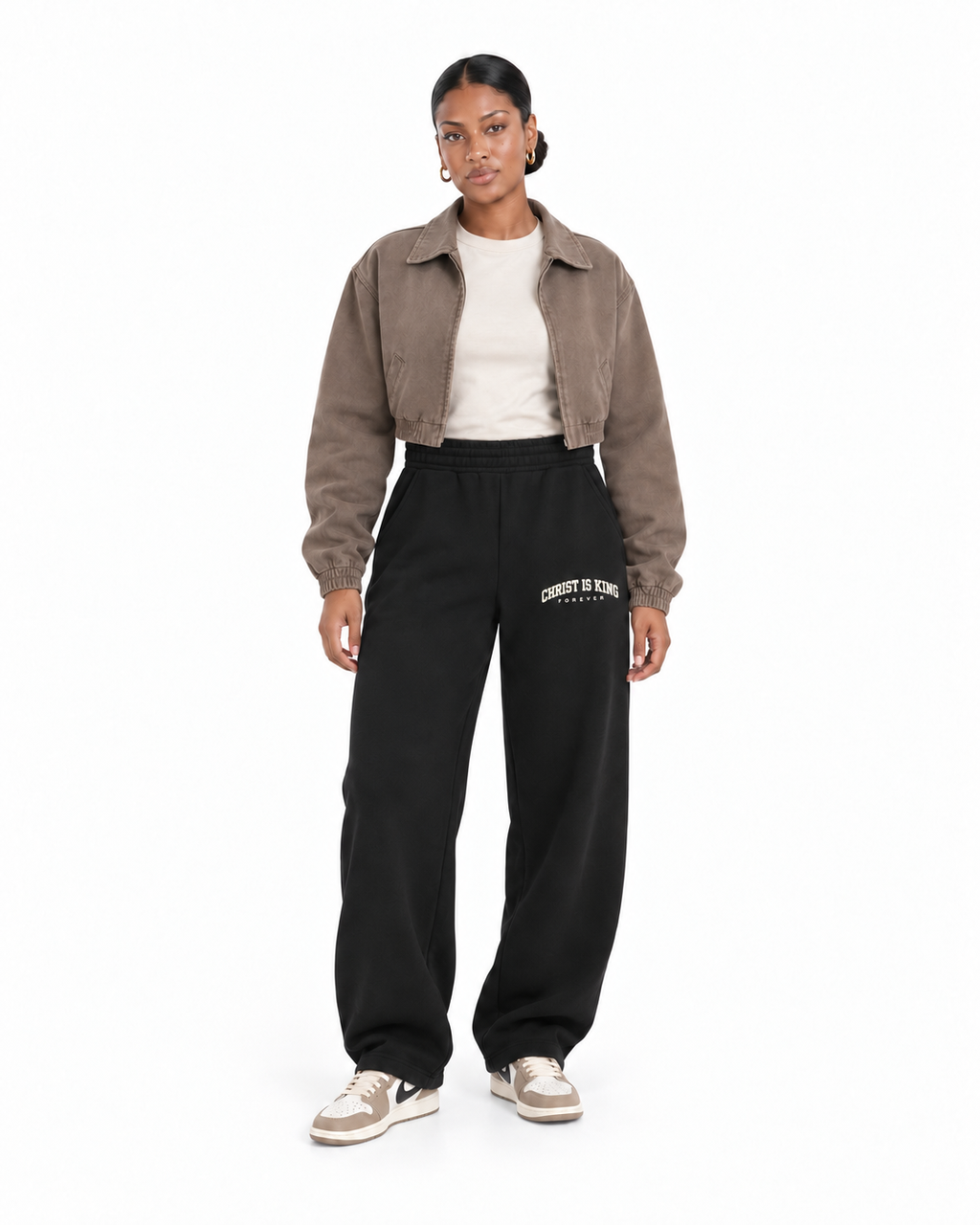 Chief Of Sinners Essential Oversized Boxy Fit Fleece Hoodie — Black bottoms, female front outfit