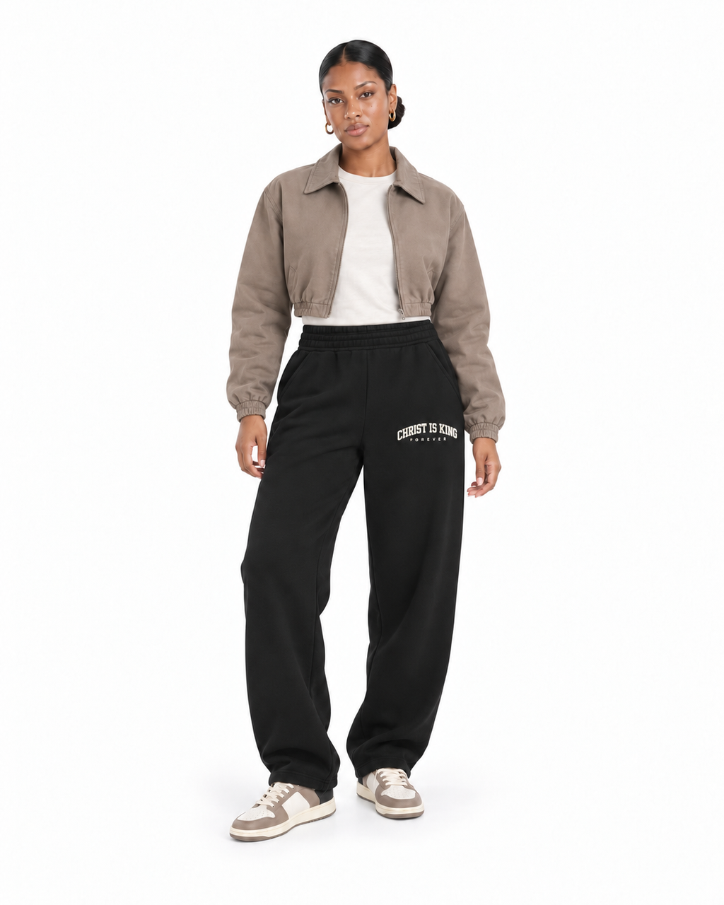 Chief Of Sinners Essential Oversized Boxy Fit Fleece Hoodie — Black bottoms, female alternate front outfit