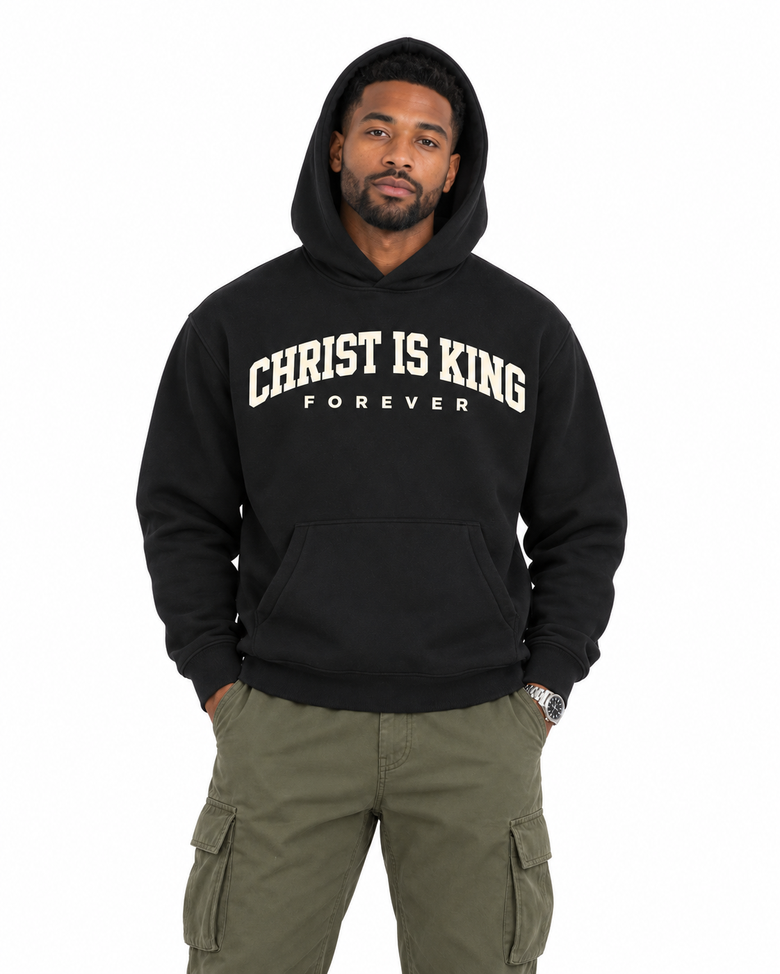 Chief Of Sinners Essential Oversized Boxy Fit Fleece Hoodie — Black hoodie, male close-up