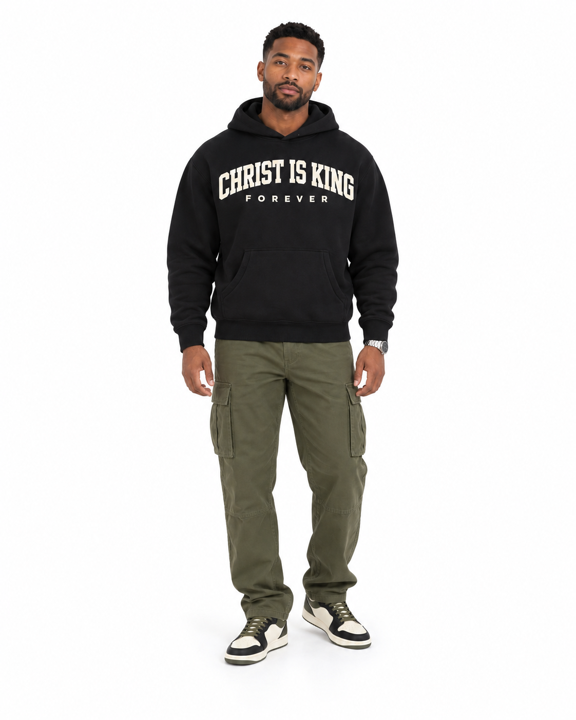 Chief Of Sinners Essential Oversized Boxy Fit Fleece Hoodie — Black hoodie, male front outfit