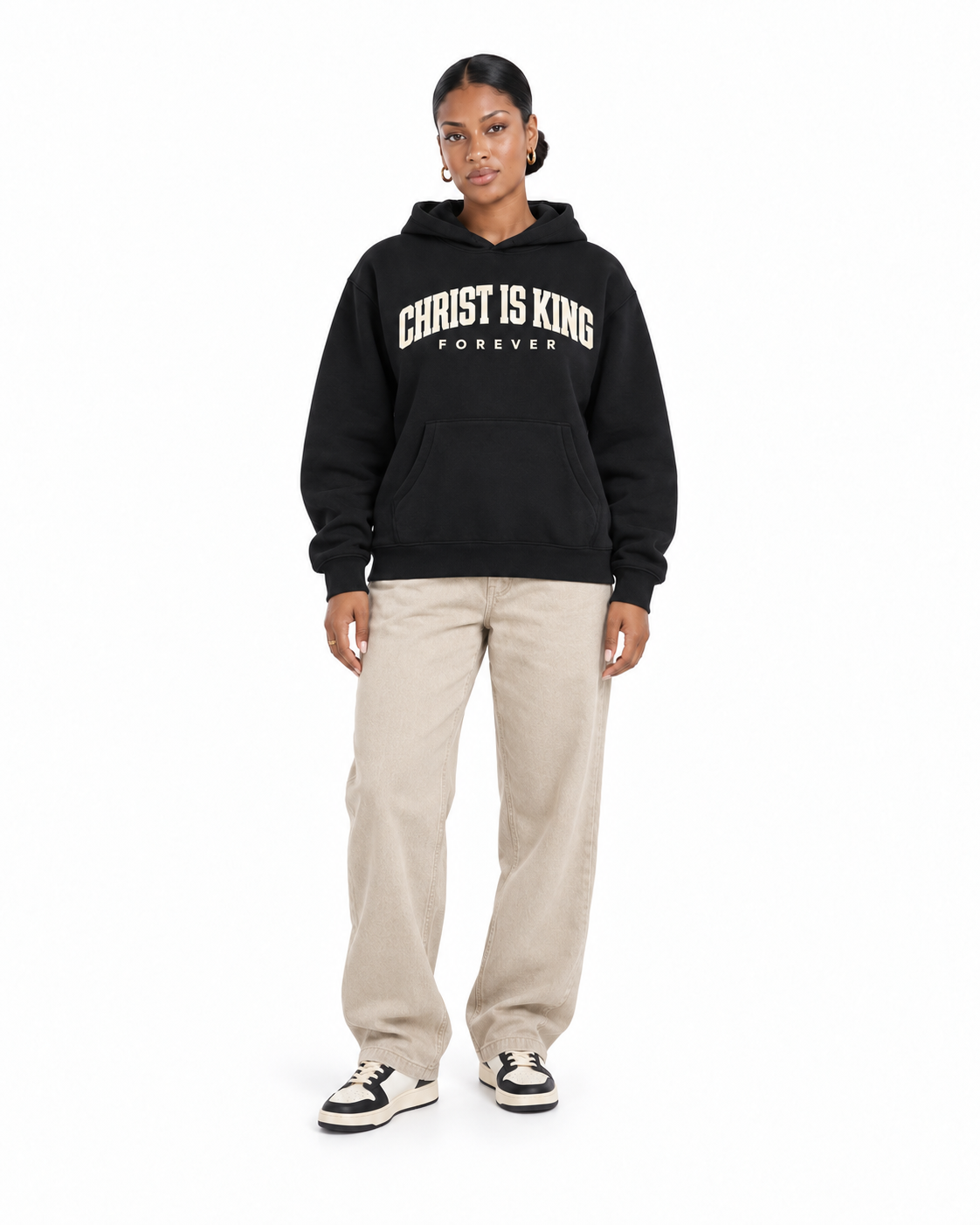 Chief Of Sinners Essential Oversized Boxy Fit Fleece Hoodie — Black hoodie, female front outfit