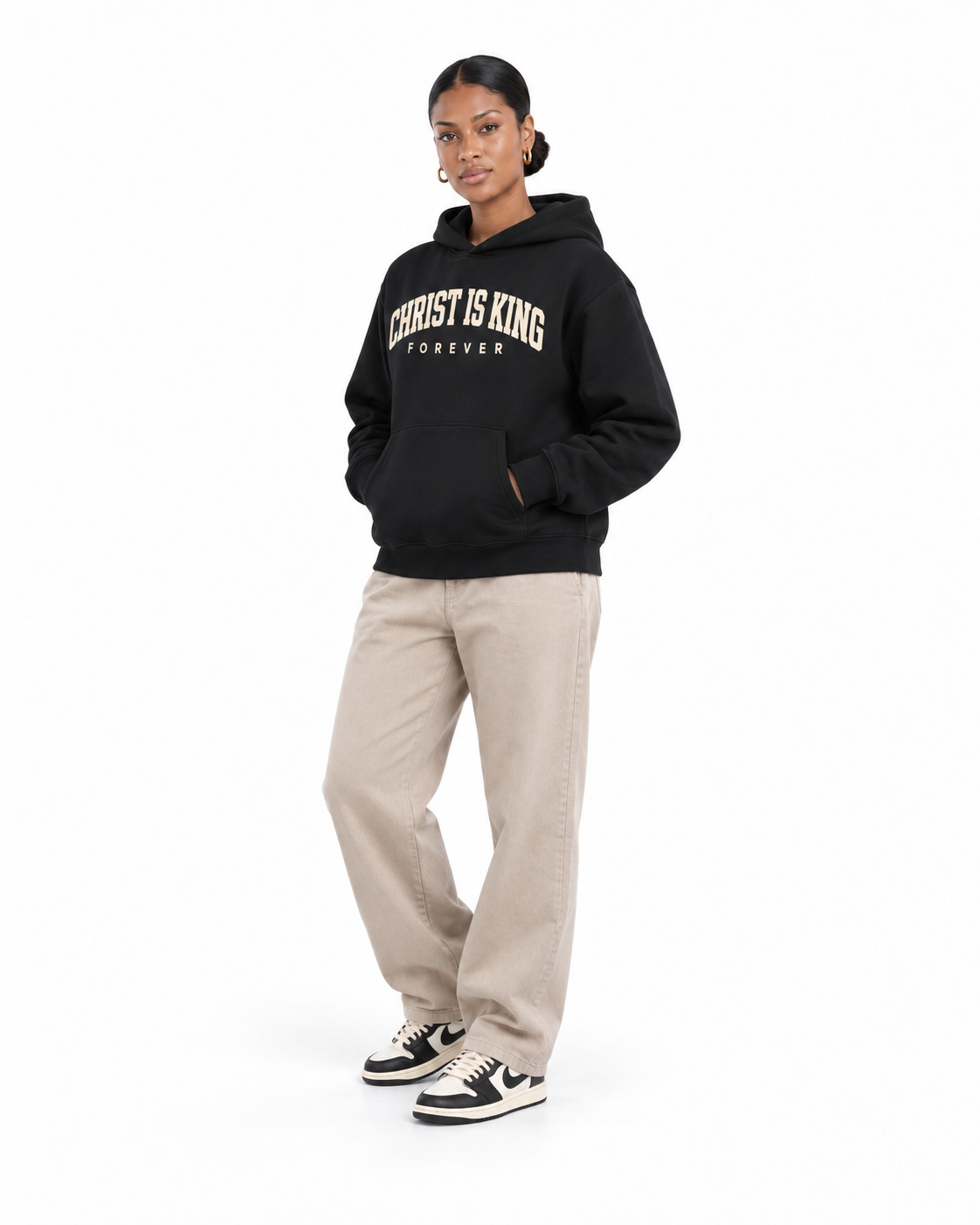 Chief Of Sinners Essential Oversized Boxy Fit Fleece Hoodie — Black hoodie, female three-quarter outfit