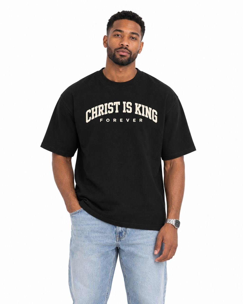 Chief Of Sinners Christ Is King Drop Shoulder Tee Cream — Classic Black tee, male close-up