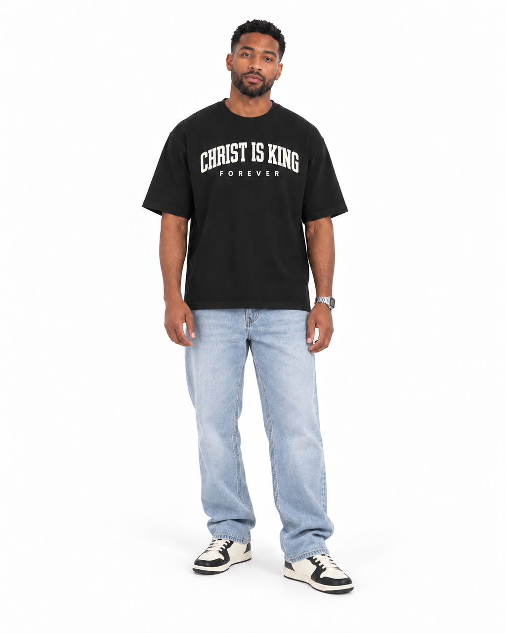 Chief Of Sinners Christ Is King Drop Shoulder Tee Cream — Classic Black tee, male front outfit