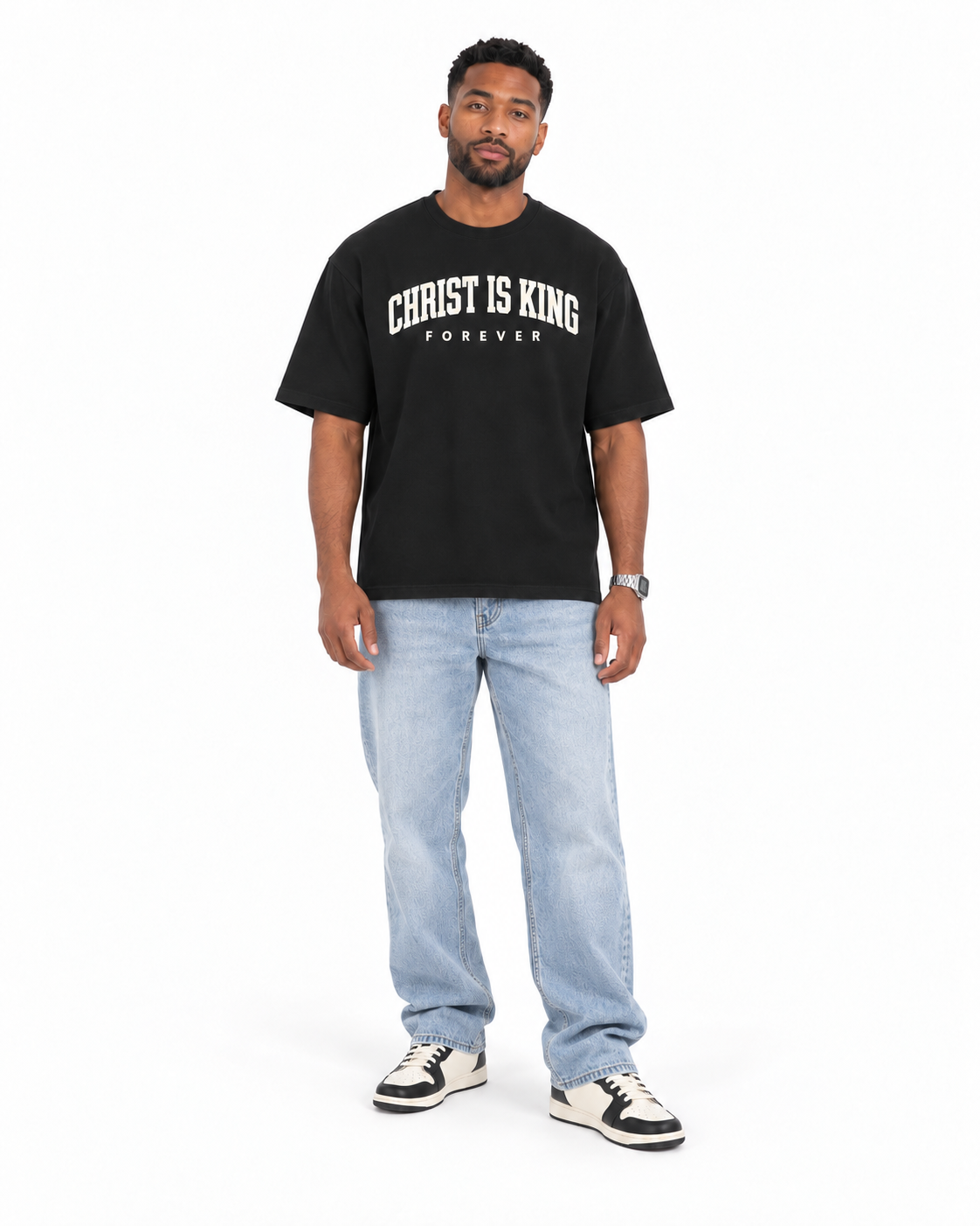 Chief Of Sinners Christ Is King Drop Shoulder Tee Cream — Classic Black tee, male front outfit