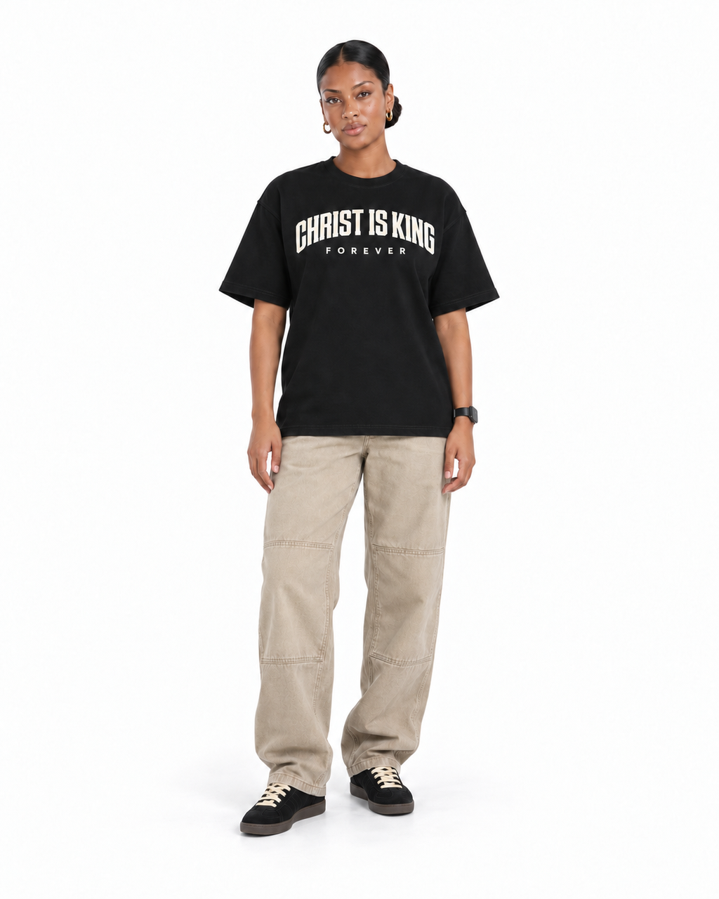 Chief Of Sinners Christ Is King Drop Shoulder Tee Cream — Classic Black tee, female front outfit