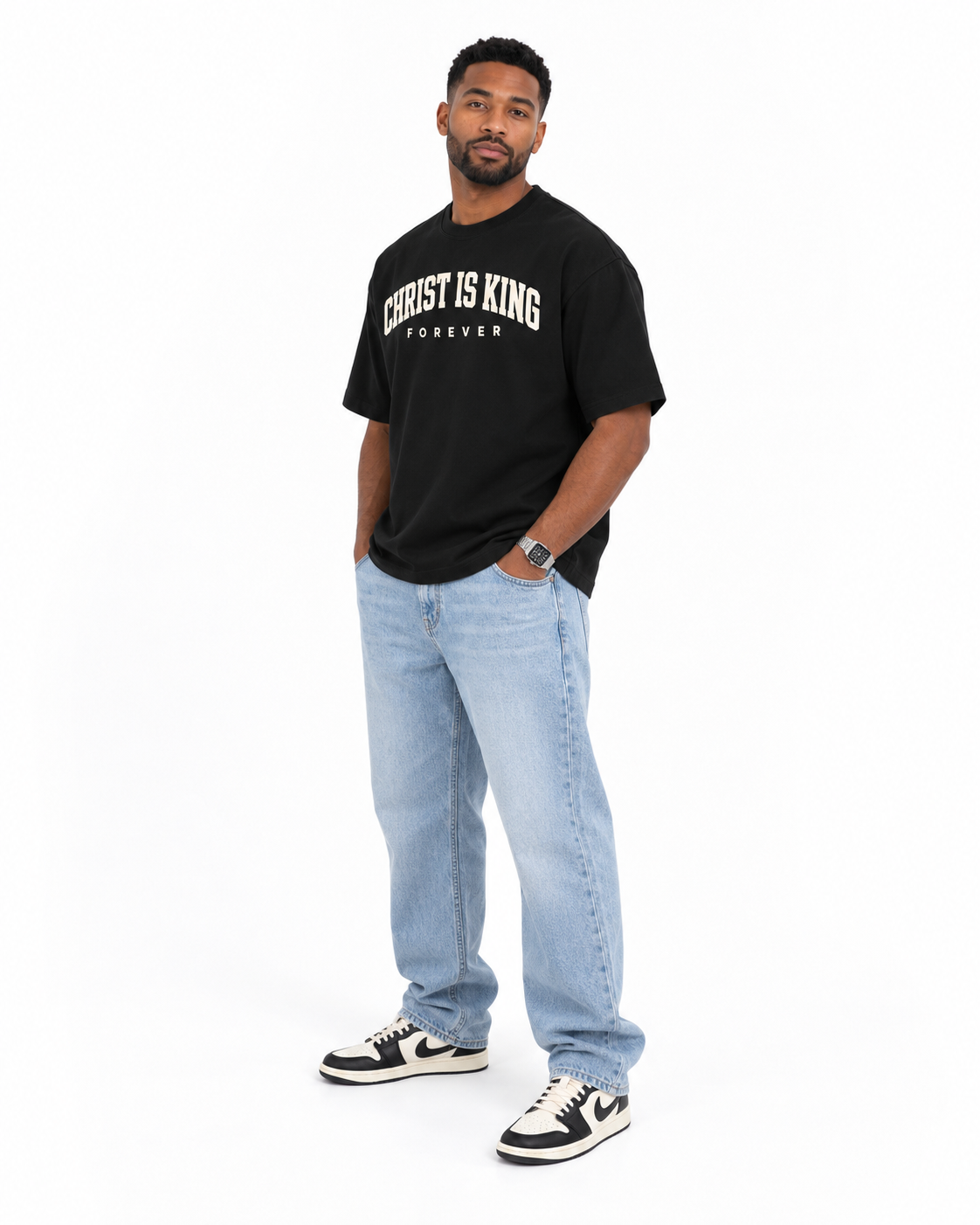 Chief Of Sinners Christ Is King Drop Shoulder Tee Cream — Classic Black tee, male three-quarter outfit