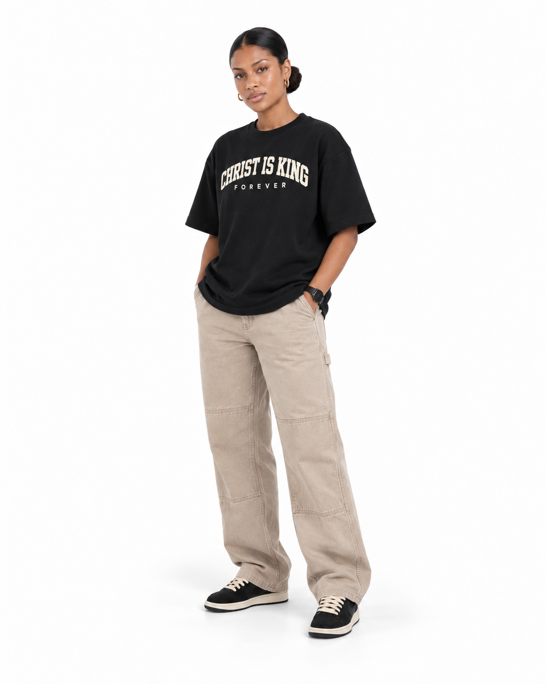 Chief Of Sinners Christ Is King Drop Shoulder Tee Cream — Classic Black tee, female three-quarter outfit