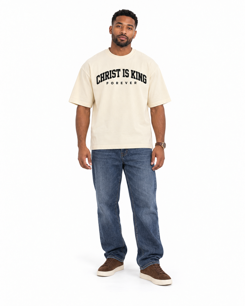 Chief Of Sinners Christ Is King Drop Shoulder Tee Cream — Milk Apricot tee, male front outfit