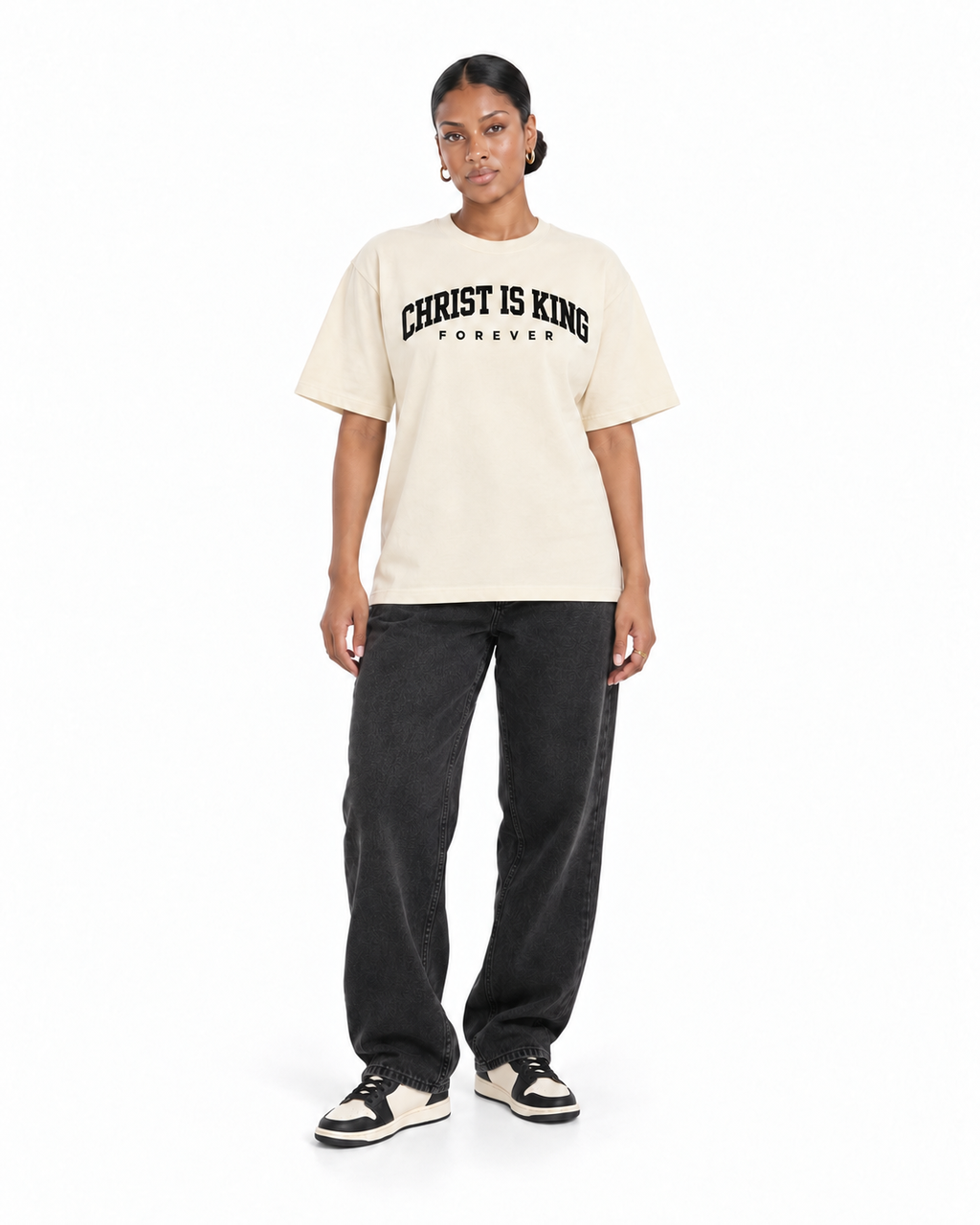 Chief Of Sinners Christ Is King Drop Shoulder Tee Cream — Milk Apricot tee, female front outfit
