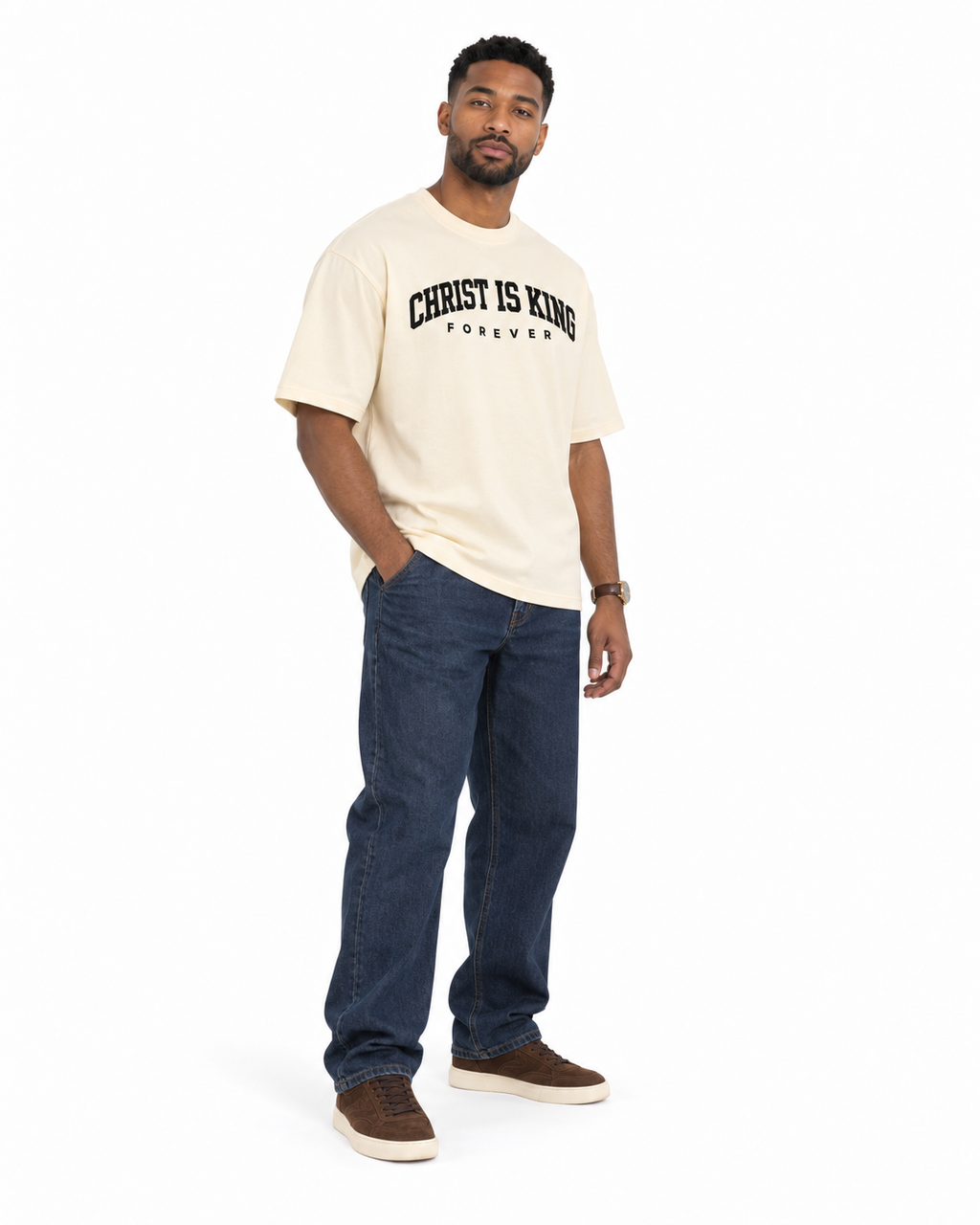 Chief Of Sinners Christ Is King Drop Shoulder Tee Cream — Milk Apricot tee, male three-quarter outfit