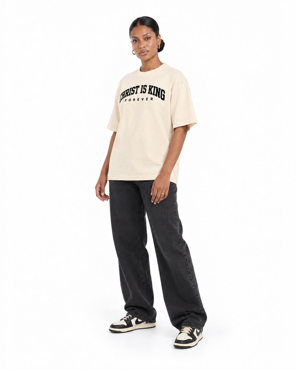 Chief Of Sinners Christ Is King Drop Shoulder Tee Cream — Milk Apricot tee, female three-quarter outfit