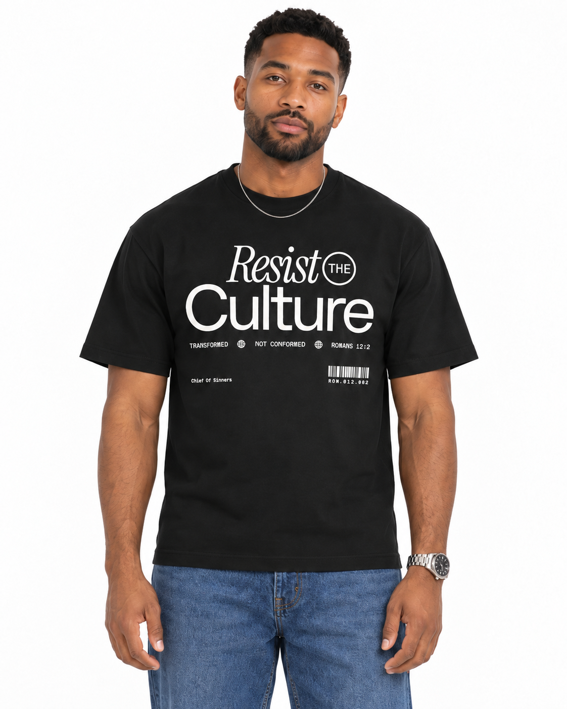 Chief Of Sinners Staple Tee — Black tee, male close-up