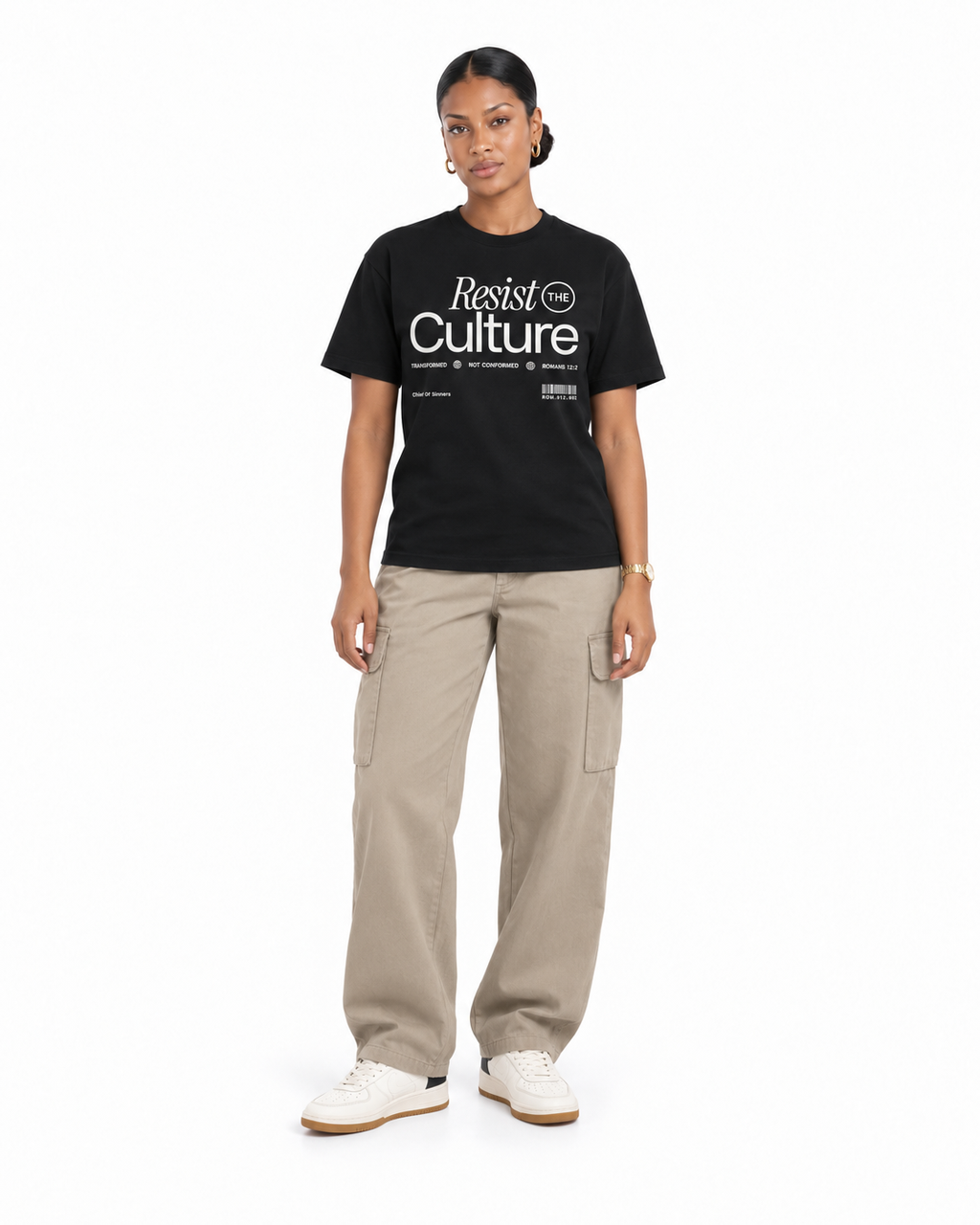 Chief Of Sinners Staple Tee — Black tee, female front outfit