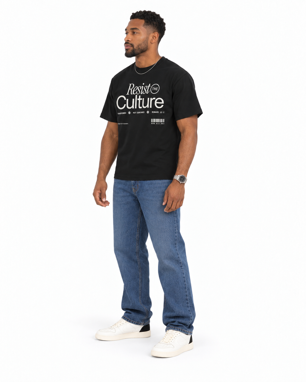 Chief Of Sinners Staple Tee — Black tee, male three-quarter outfit