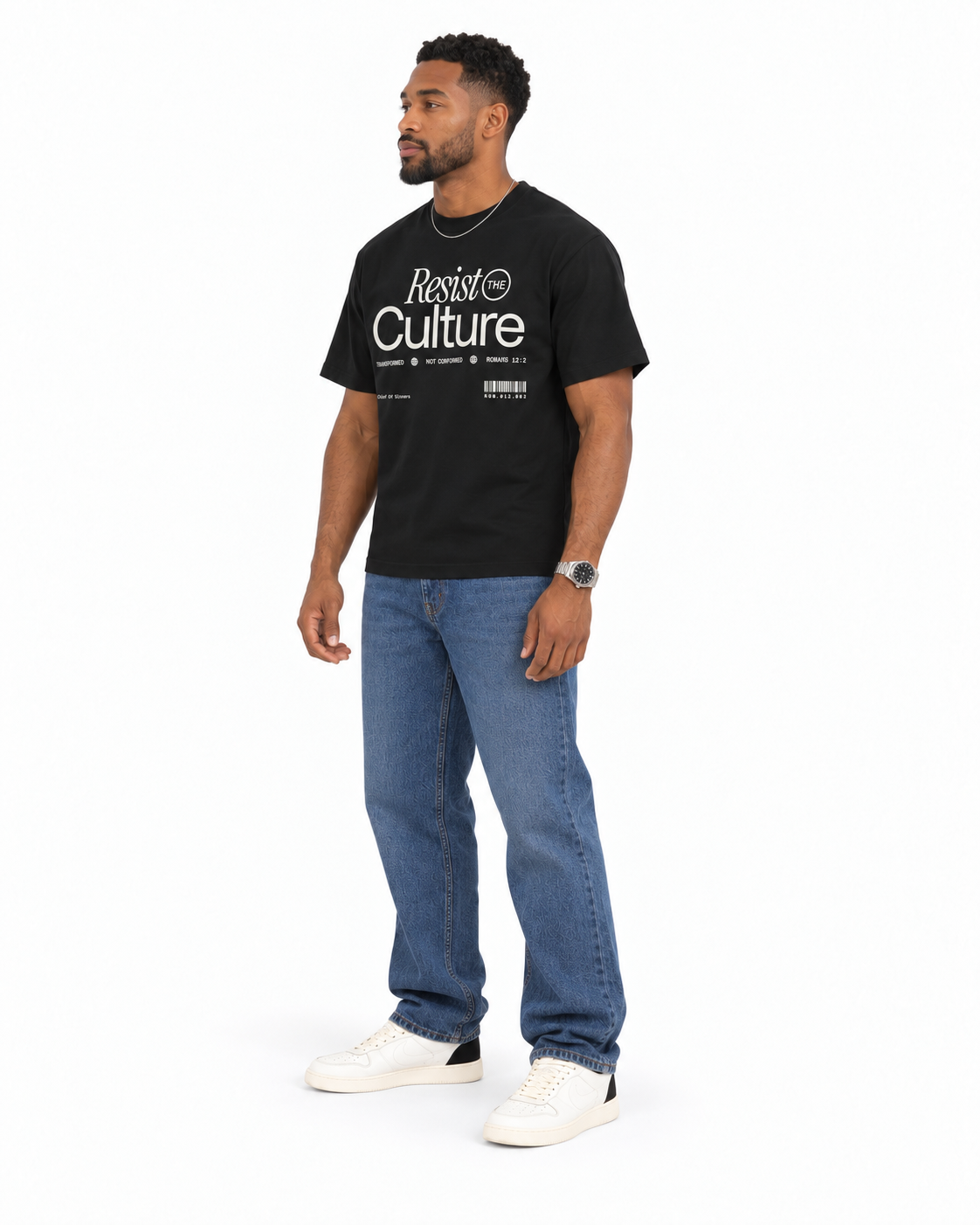 Chief Of Sinners Staple Tee — Black tee, male three-quarter outfit