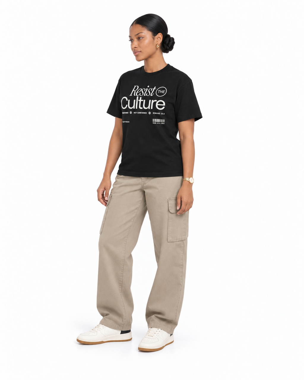 Chief Of Sinners Staple Tee — Black tee, female three-quarter outfit