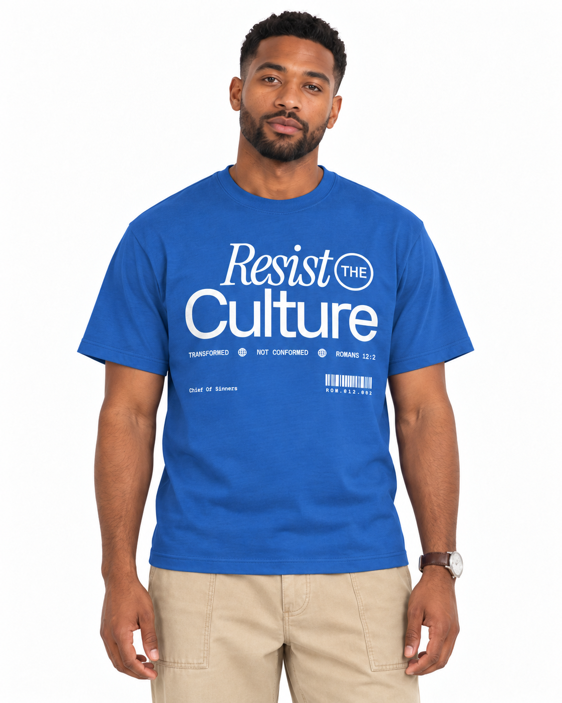 Chief Of Sinners Staple Tee — Bright Royal tee, male close-up
