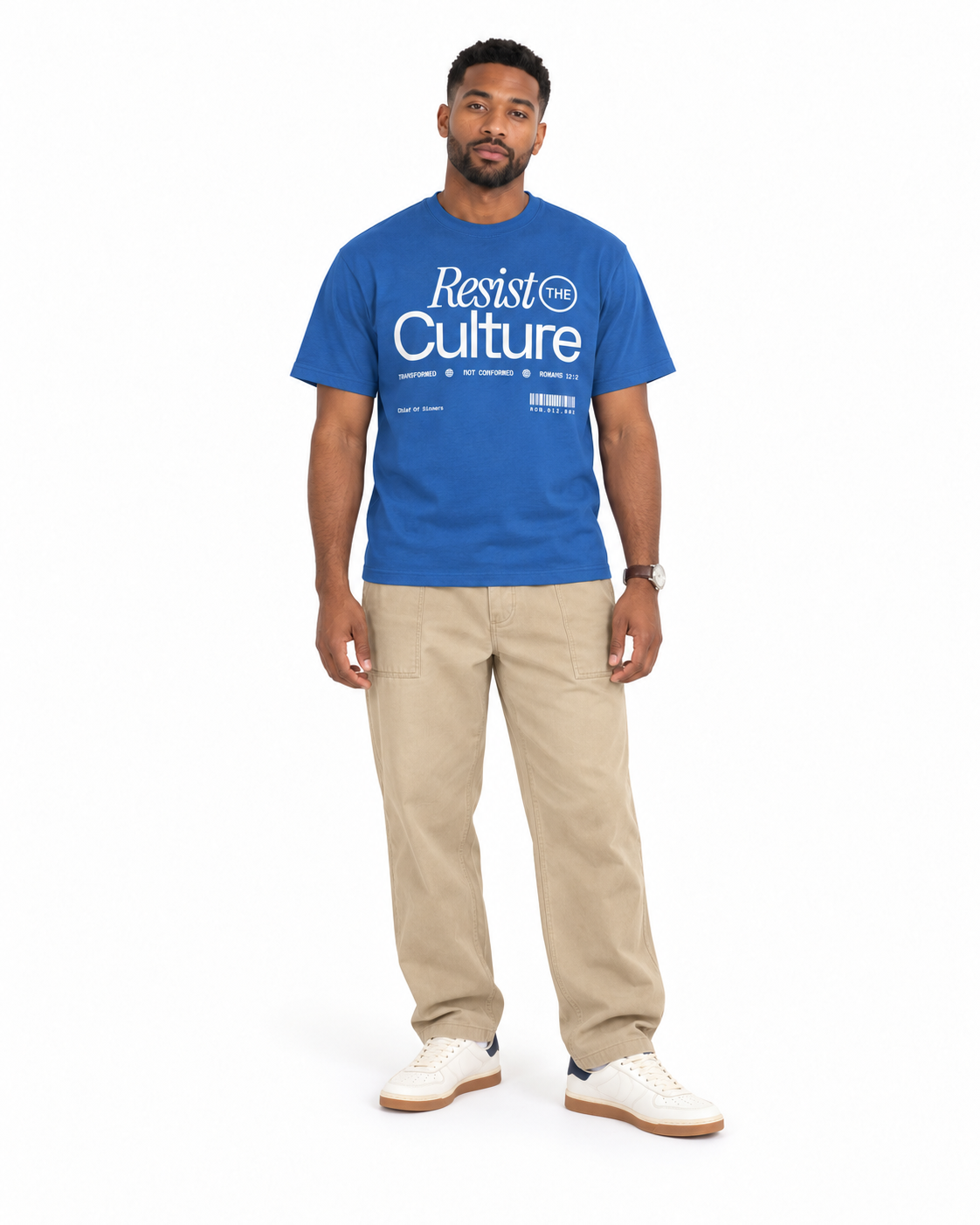 Chief Of Sinners Staple Tee — Bright Royal tee, male front outfit