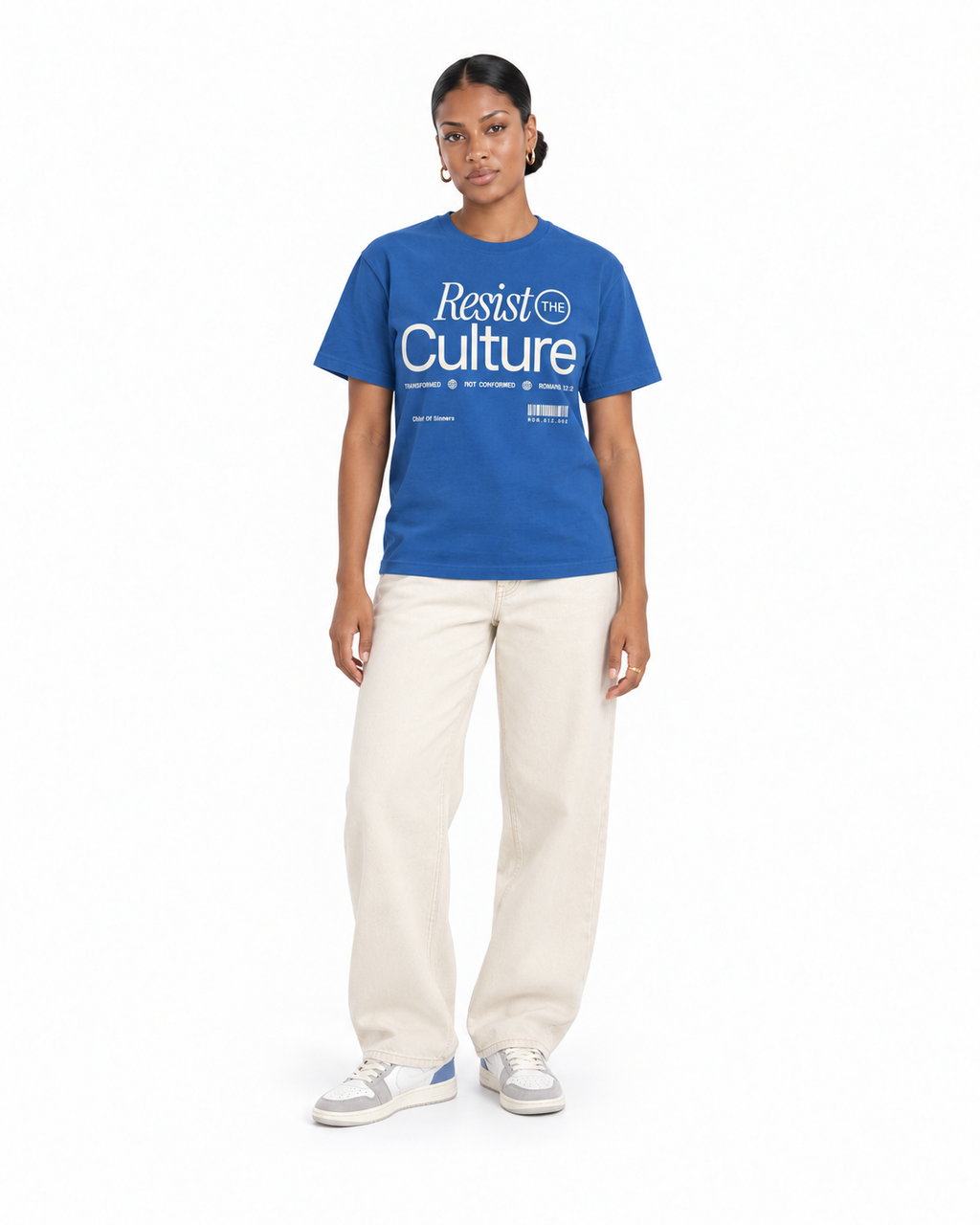 Chief Of Sinners Staple Tee — Bright Royal tee, female front outfit