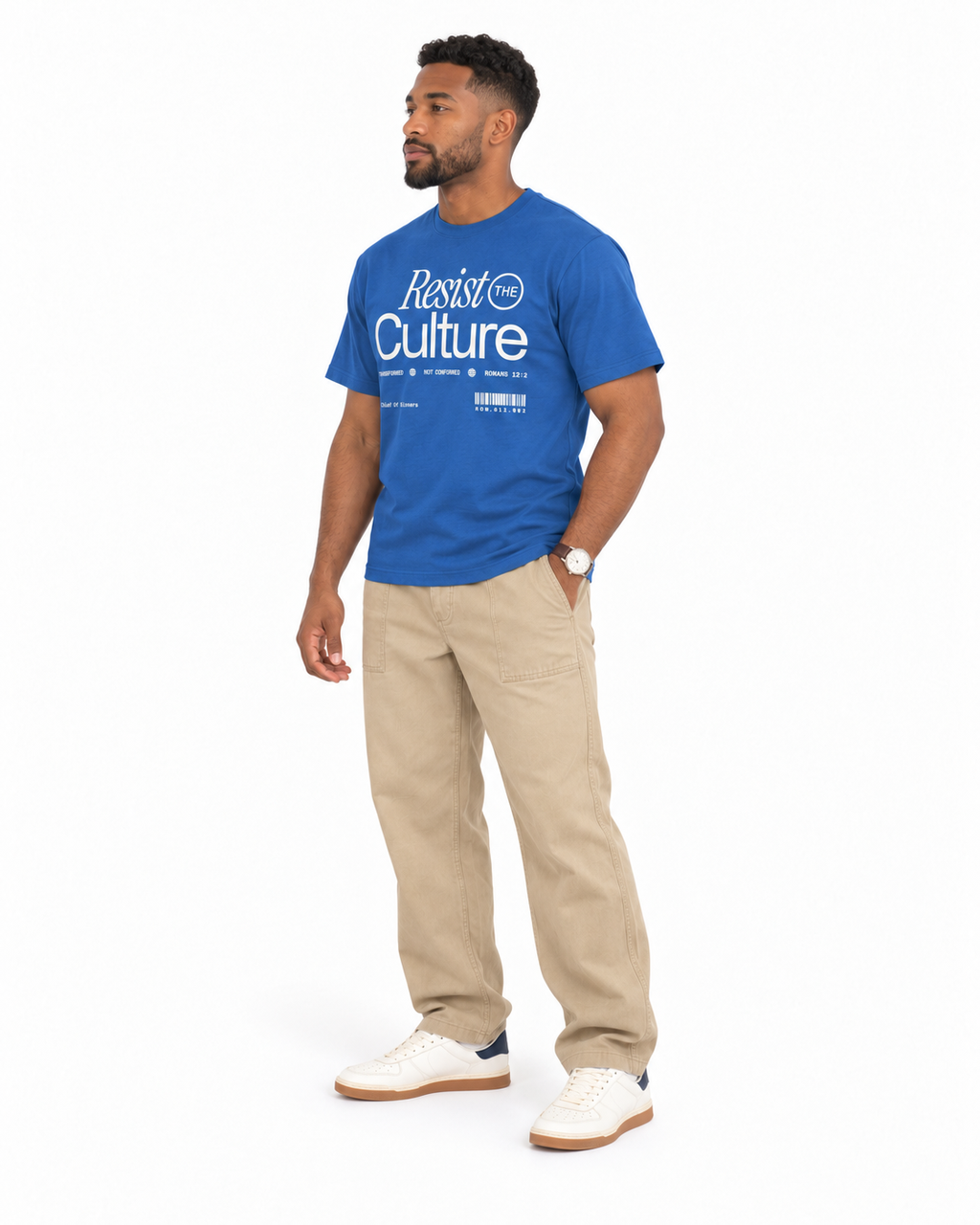 Chief Of Sinners Staple Tee — Bright Royal tee, male three-quarter outfit