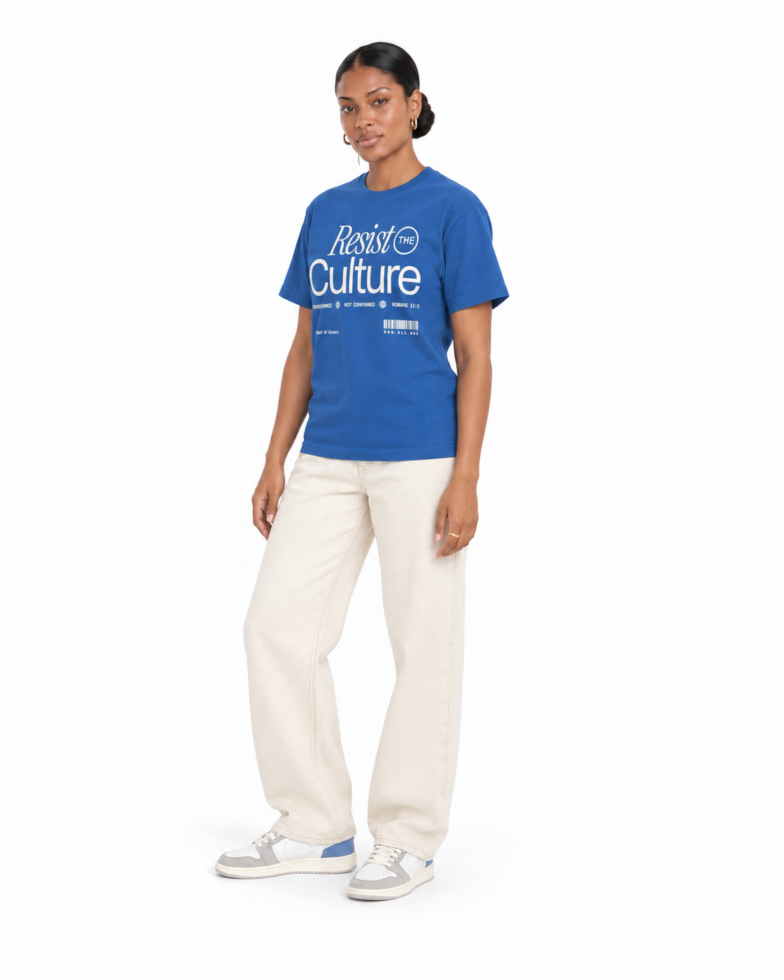 Chief Of Sinners Staple Tee — Bright Royal tee, female three-quarter outfit