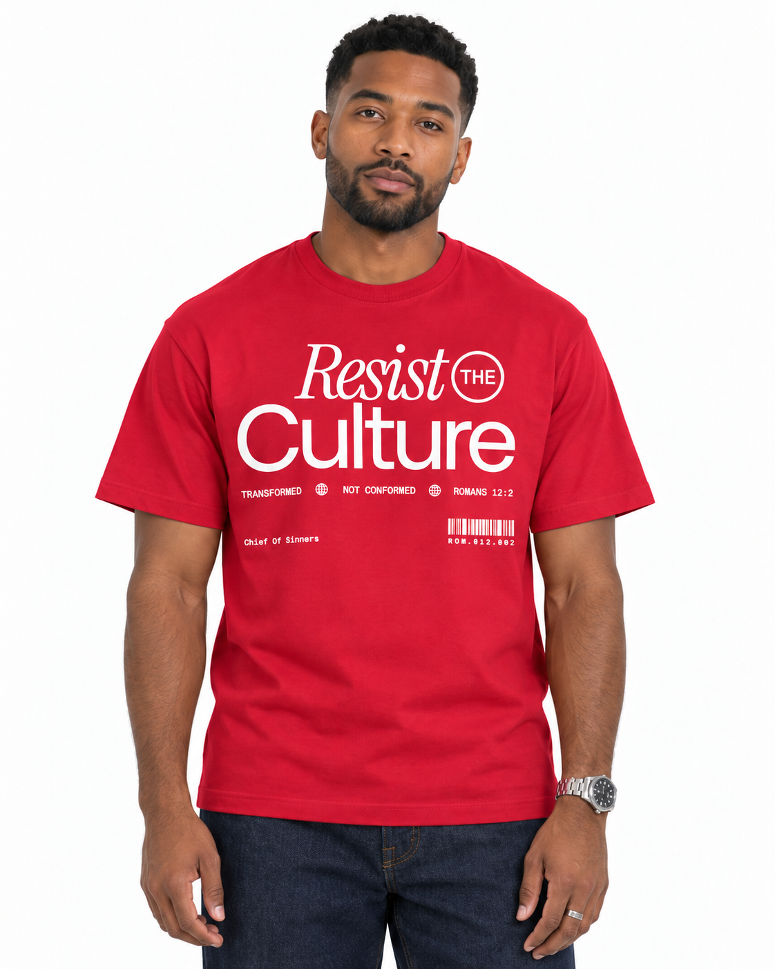 Chief Of Sinners Staple Tee — red tee, male close-up