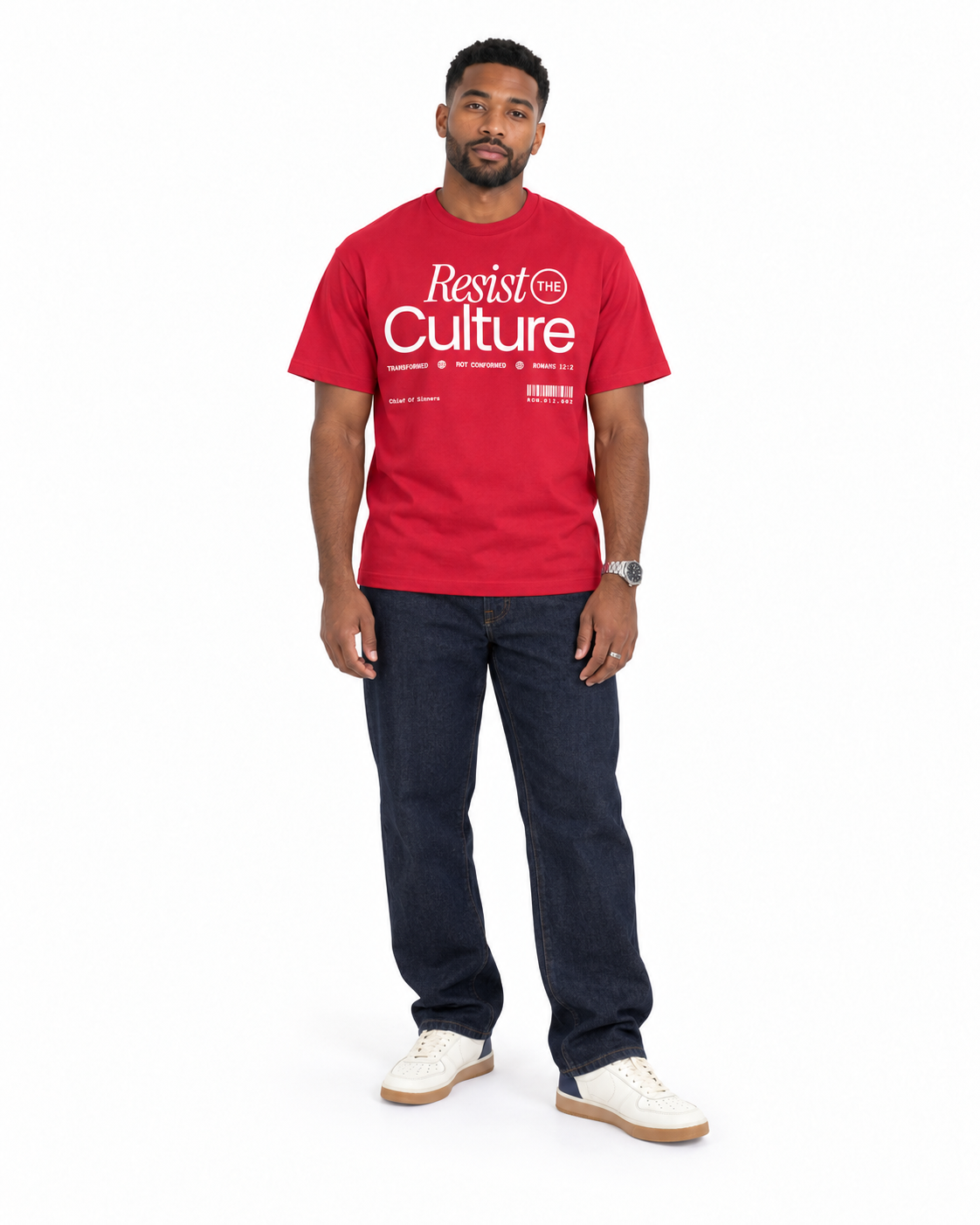 Chief Of Sinners Staple Tee — red tee, male front outfit