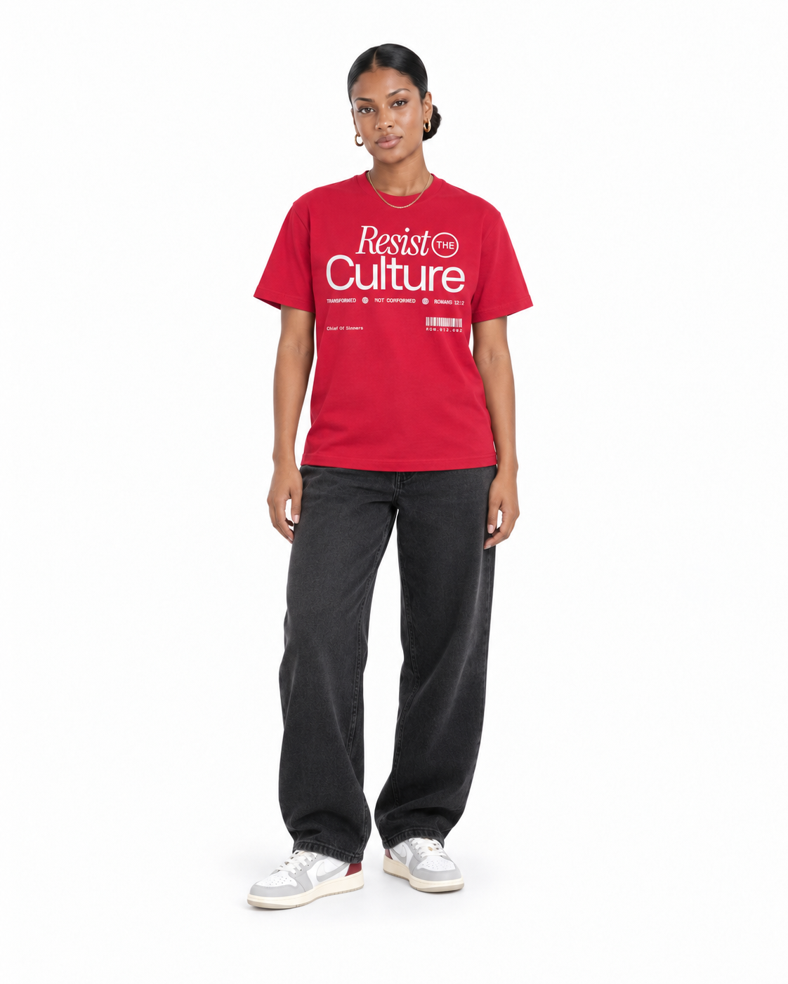 Chief Of Sinners Staple Tee — red tee, female front outfit