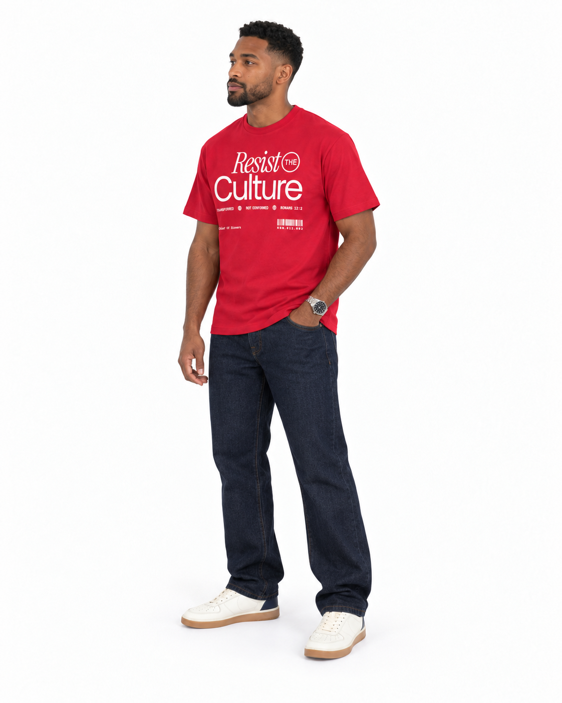 Chief Of Sinners Staple Tee — red tee, male three-quarter outfit