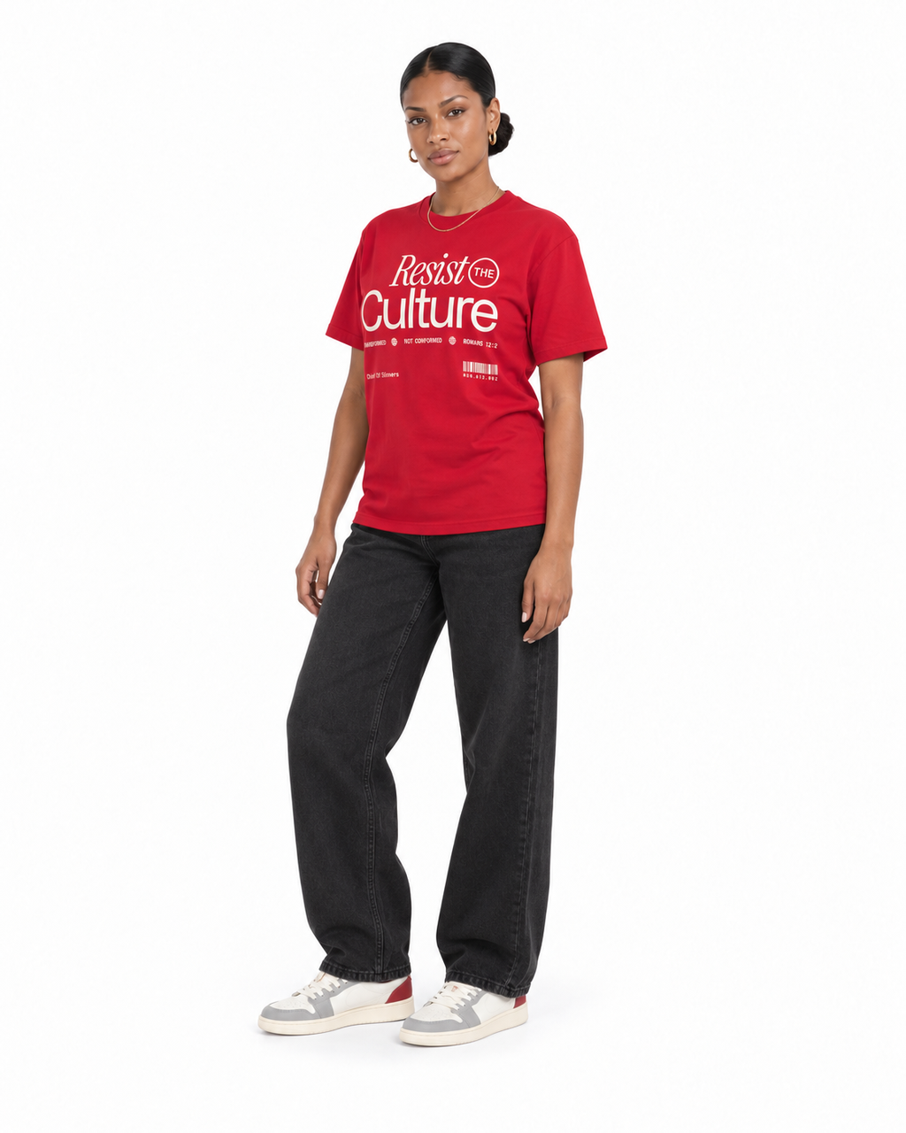 Chief Of Sinners Staple Tee — red tee, female three-quarter outfit