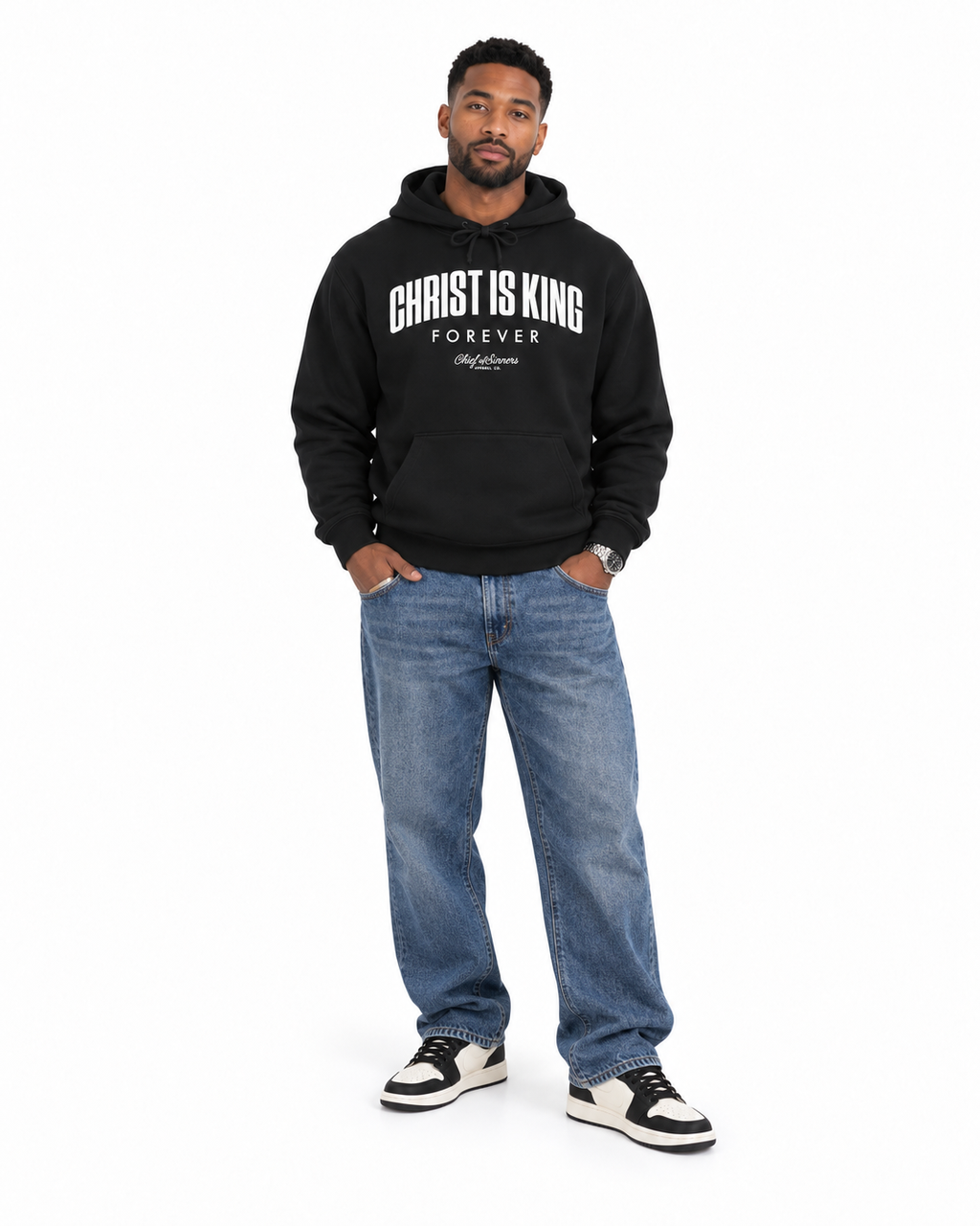 Chief Of Sinners Christ Is King Hoodie — black hoodie, male front outfit