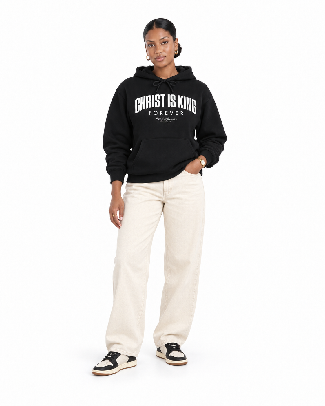 Chief Of Sinners Christ Is King Hoodie — black hoodie, female front outfit
