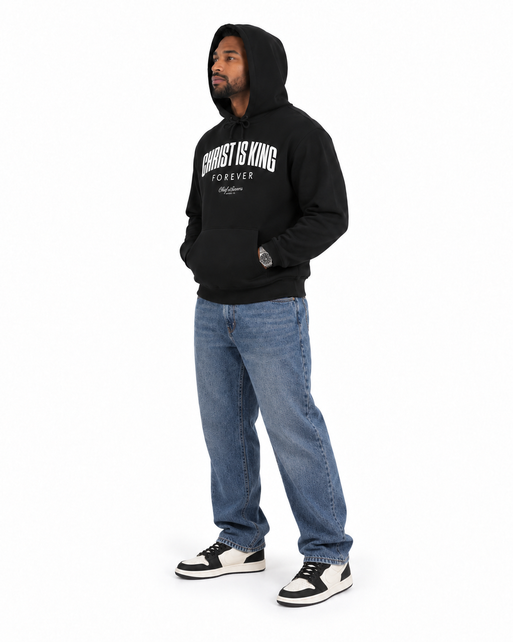 Chief Of Sinners Christ Is King Hoodie — black hoodie, male three-quarter outfit