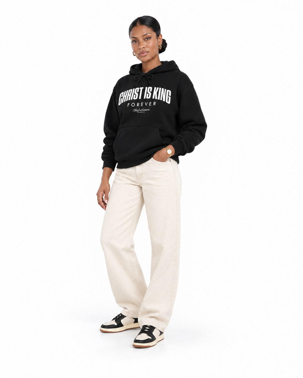 Chief Of Sinners Christ Is King Hoodie — black hoodie, female three-quarter outfit