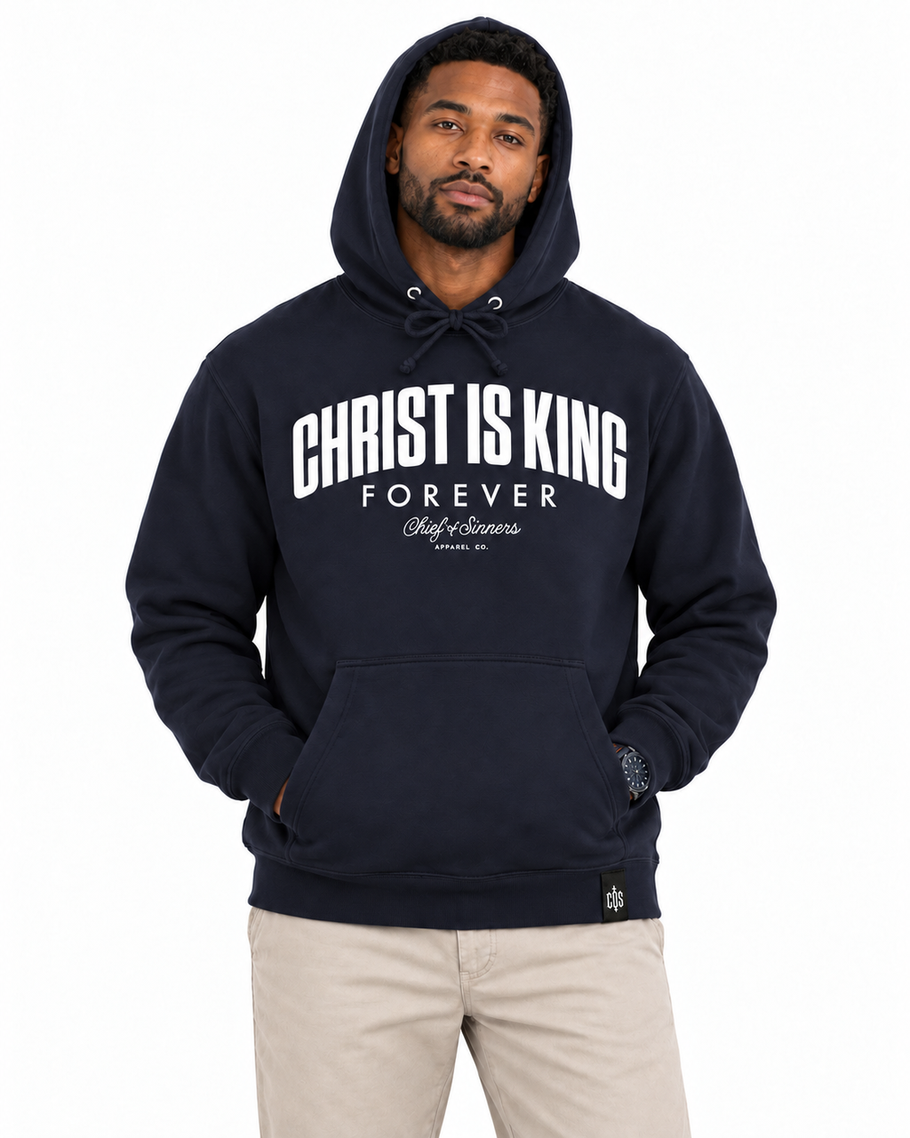 Chief Of Sinners Christ Is King Navy Hoodie — Classic Navy hoodie, male close-up