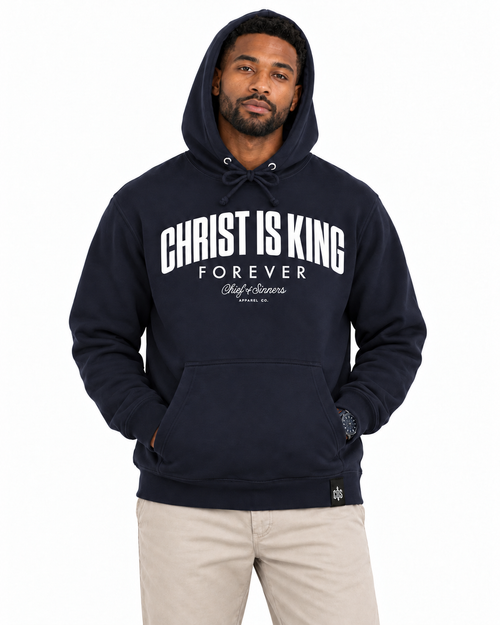 Chief Of Sinners Christ Is King Navy Hoodie — Classic Navy hoodie, male close-up