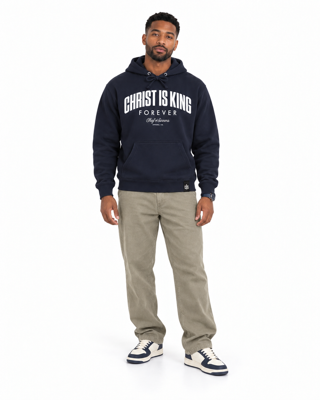 Chief Of Sinners Christ Is King Navy Hoodie — Classic Navy hoodie, male front outfit
