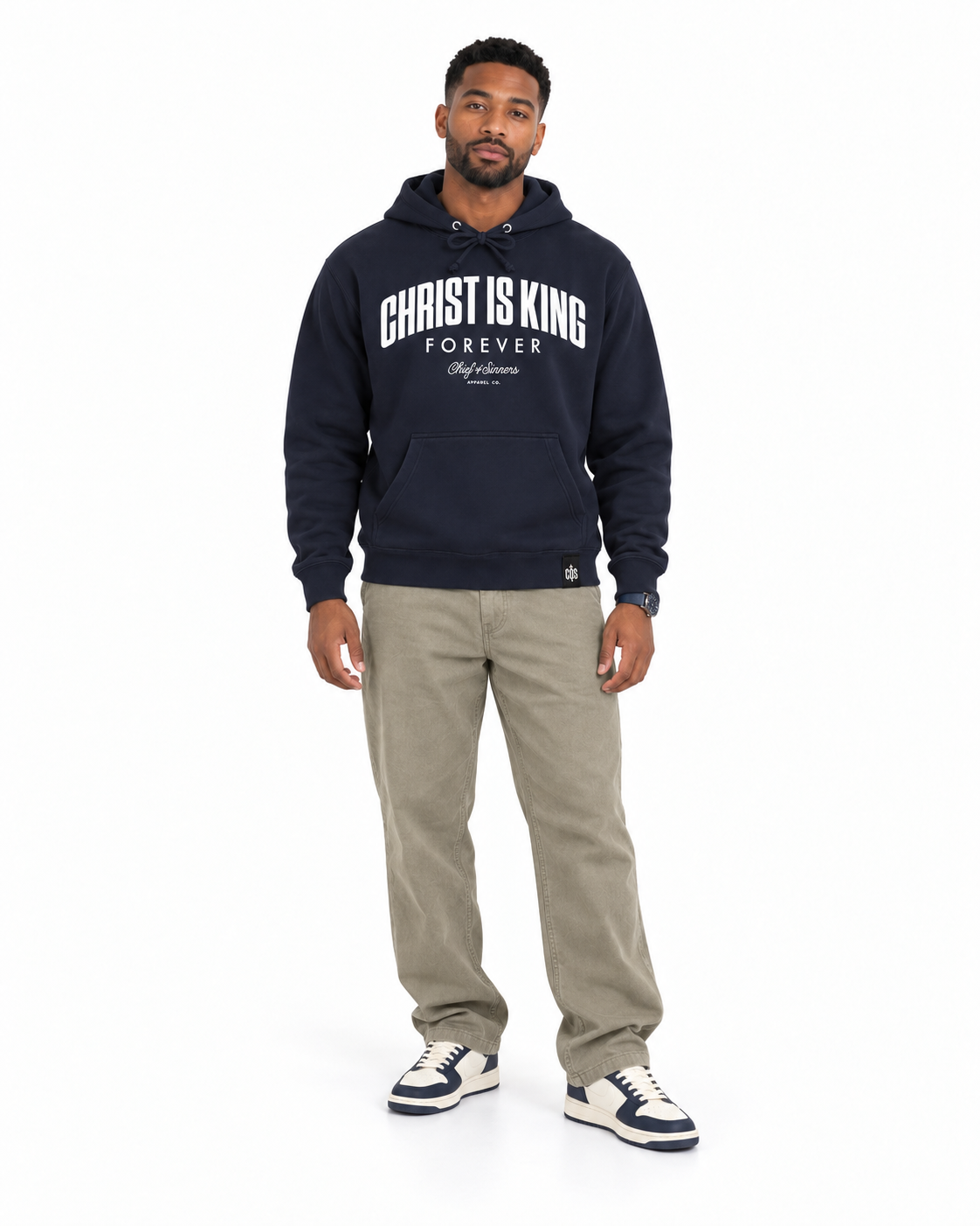 Chief Of Sinners Christ Is King Navy Hoodie — Classic Navy hoodie, male front outfit