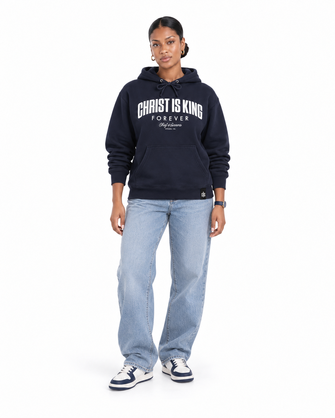 Chief Of Sinners Christ Is King Navy Hoodie — Classic Navy hoodie, female front outfit