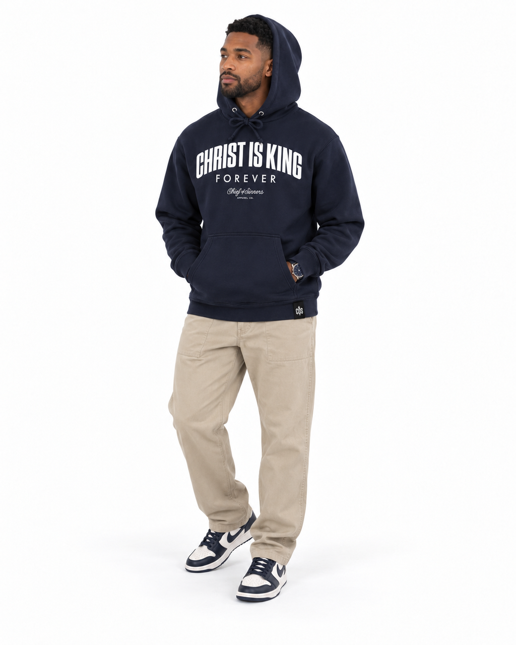 Chief Of Sinners Christ Is King Navy Hoodie — Classic Navy hoodie, male three-quarter outfit