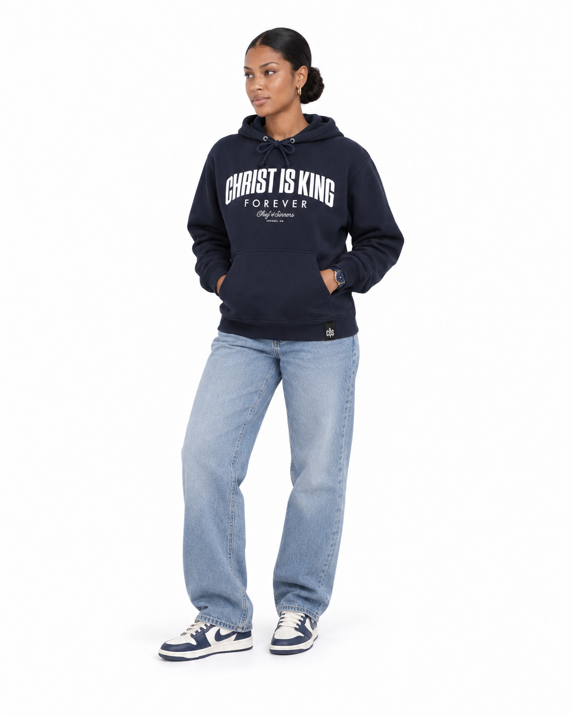 Chief Of Sinners Christ Is King Navy Hoodie — Classic Navy hoodie, female three-quarter outfit