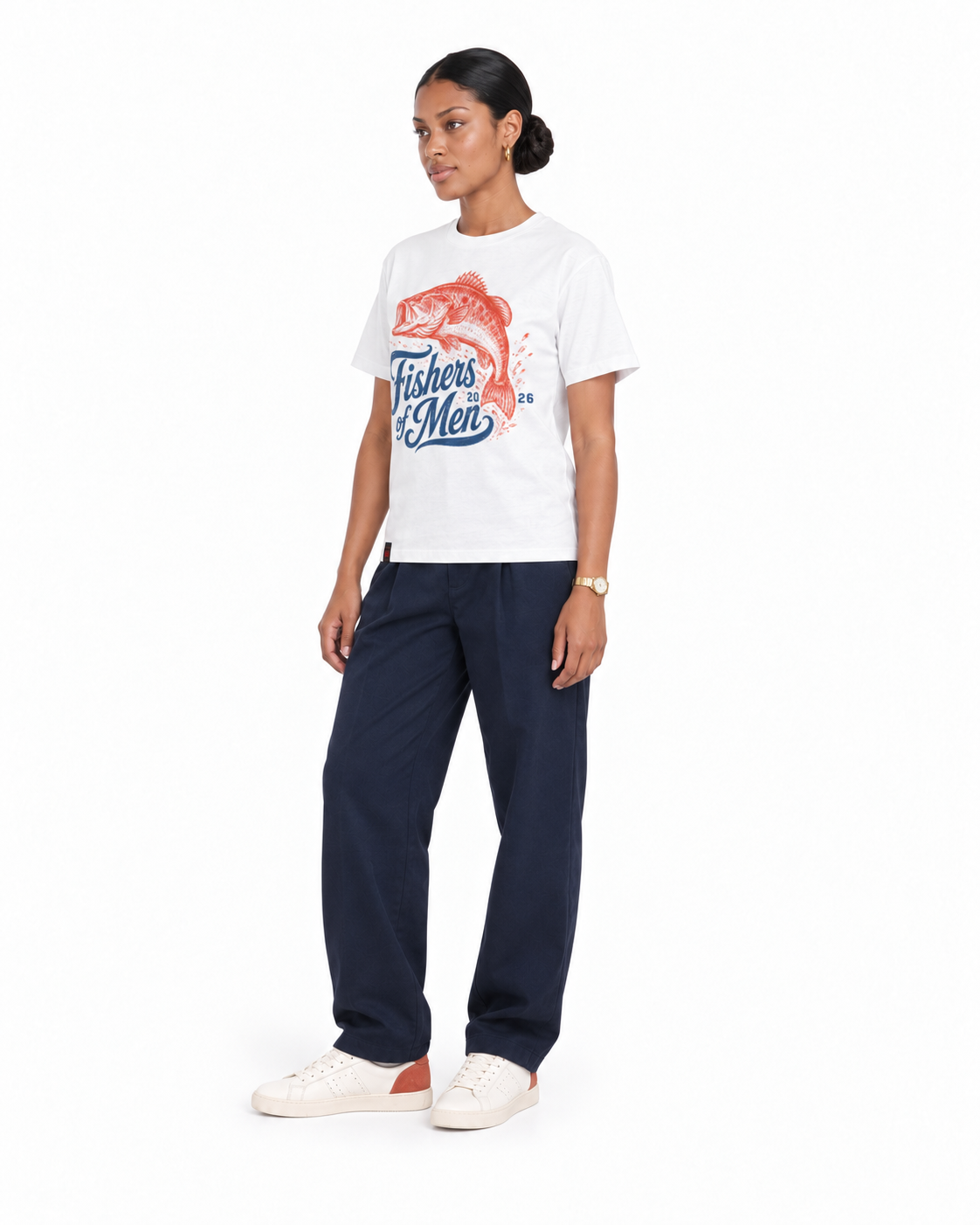 Chief Of Sinners Staple Tee — white tee, female three-quarter outfit