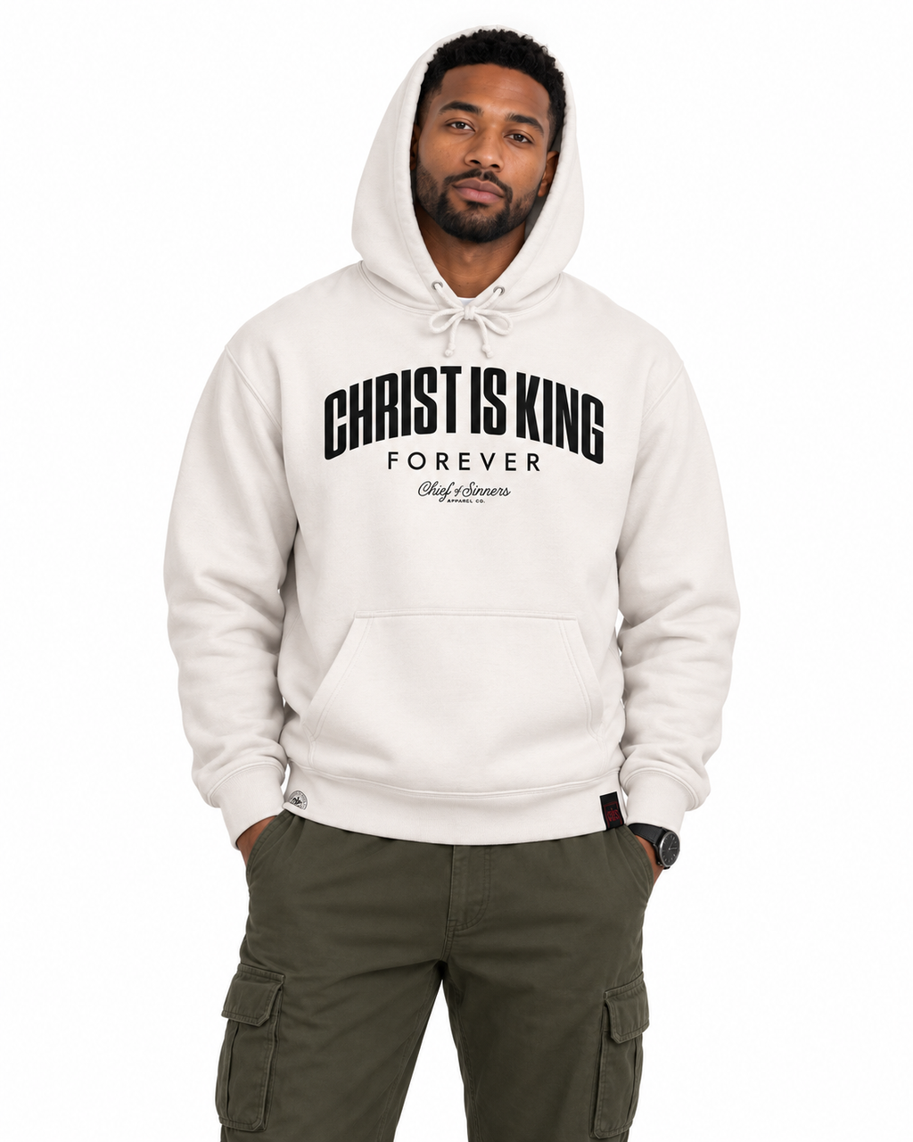 Chief Of Sinners independent pullover hoody — Bone hoodie, male close-up