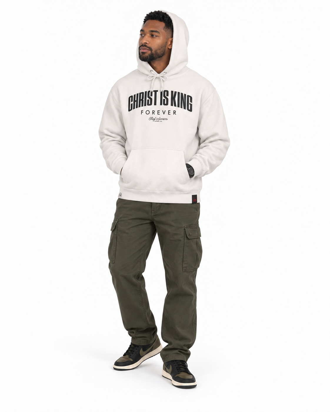 Chief Of Sinners independent pullover hoody — Bone hoodie, male three-quarter outfit