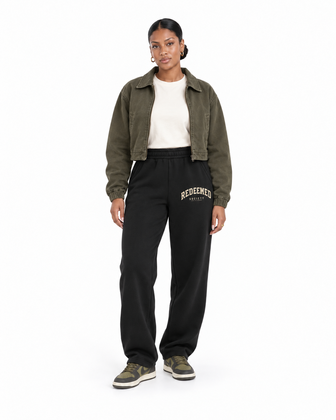 Chief Of Sinners Essential Oversized Boxy Fit Fleece Hoodie — Black bottoms, female front outfit