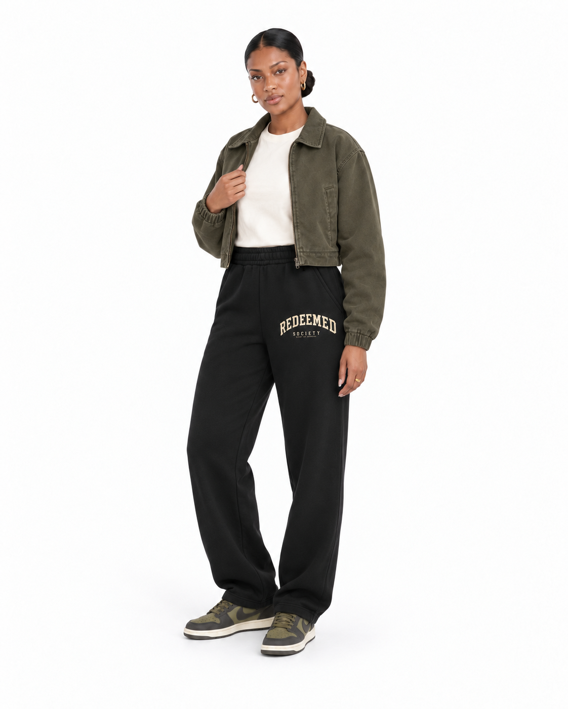 Chief Of Sinners Essential Oversized Boxy Fit Fleece Hoodie — Black bottoms, female alternate front outfit